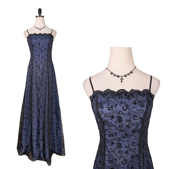 Vintage Betsy Adam Prom Dress Maxi Gown Black Blue Goth 90S Y2K Bead Floral - Picture 1 of 10